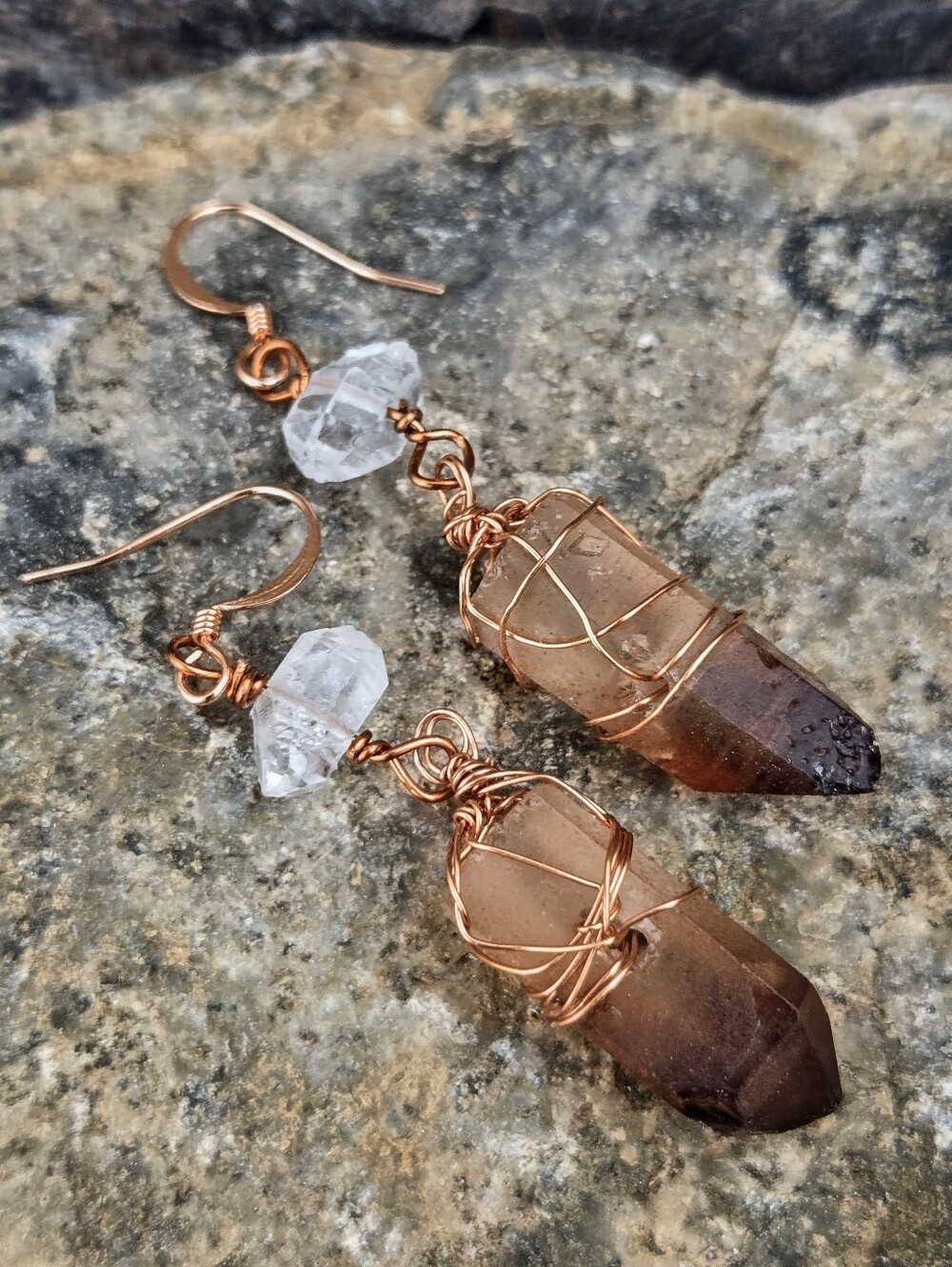 Statement Natural Herkimer Diamonds & Smoky Quartz Handcrafted Copper Earrings